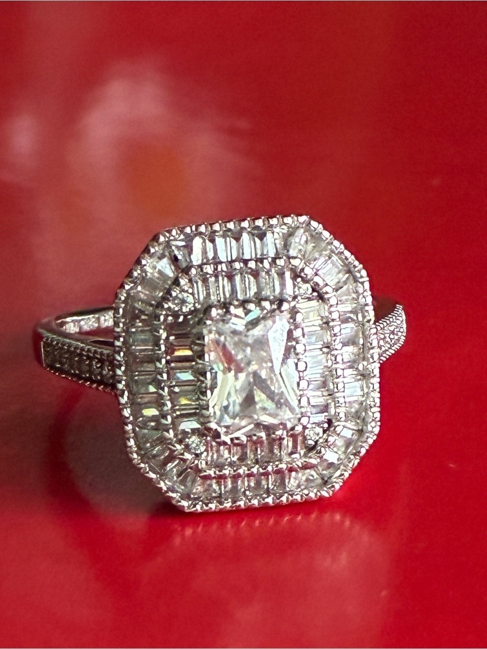 925 Silver-Tone Clear Multi-Halo Emerald-Cut Ring - Picture 4 of 8